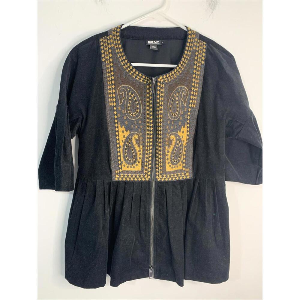 DKNY Donna Karan NY Women's  Embroidered Paisley Tunic Top Size 4 Full Front Zip